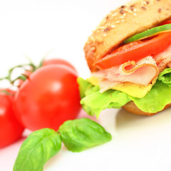 Image showing Fresh sandwich with ham and cheese and vegetables