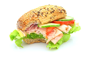 Image showing Fresh sandwich with ham and cheese and vegetables