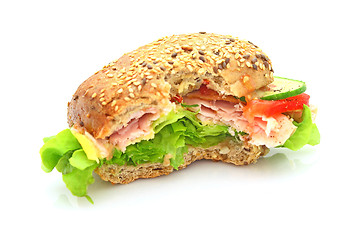 Image showing Fresh sandwich with ham and cheese and vegetables