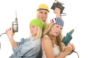 Image showing sexy team contractor construction ladies with tools
