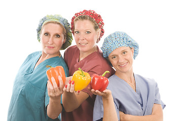 Image showing group of nurses with healthy fruits and vegetables