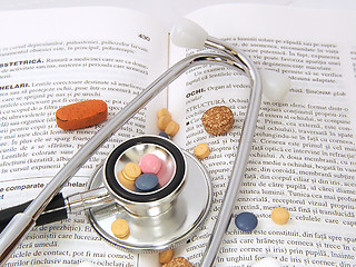 Image showing Stethoscope & Drugs on medical book