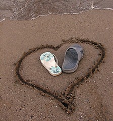 Image showing Two slipper in a heart on the sand