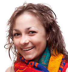 Image showing Beautiful girl, smiles in colour towel