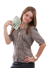 Image showing Girl with fan of dollar