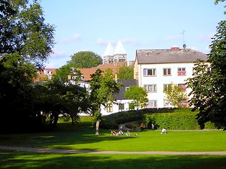 Image showing View of Lund Cathedral towers from the Stadparken, Sweden