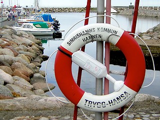 Image showing Life buoy at Simrishamn harbour, Sweden