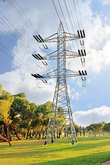 Image showing Electricity. Pillar against the blue sky