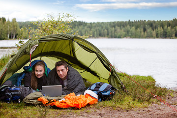 Image showing Camping with Laptop by Lake