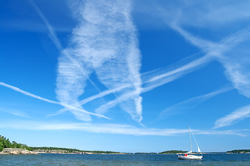 Image showing Blue sky full of airplane traces