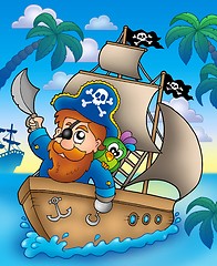Image showing Cartoon pirate sailing on ship