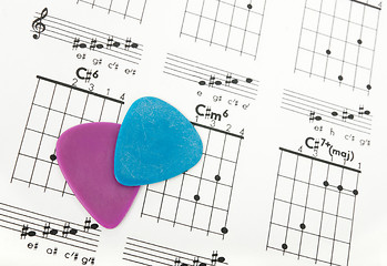 Image showing Guitar picks on a chords chart