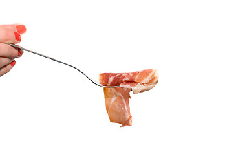 Image showing Jamon slice at fork 