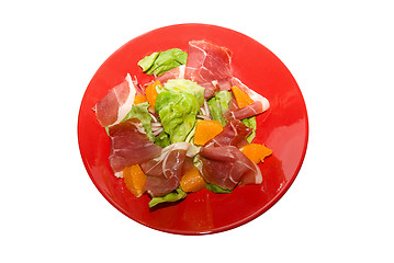 Image showing jamon with orange fruit and lettuce