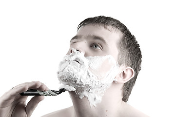 Image showing Shaving  Man with razor and foam