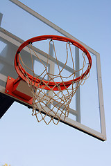 Image showing Basketball hoop against a blue sky.