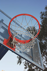 Image showing Basketball hoop against a blue sky.