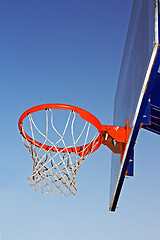 Image showing Basketball hoop against a blue sky.