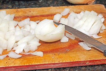 Image showing Cutting onion on the wooden board