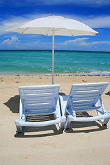 Image showing Beach Umbrella and Lounge Chairs