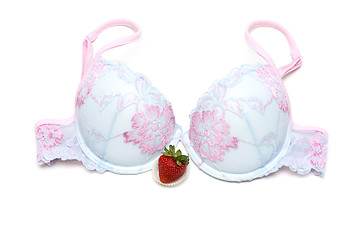 Image showing Blue bra with rose embroidery and strawberries