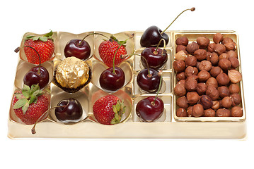 Image showing Sweet cherries strawberries nuts