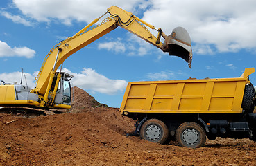 Image showing Excavator loading dumper truck