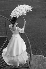 Image showing Bride with umbrella. BW.