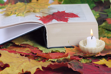 Image showing Candle and the book on autumn leaves