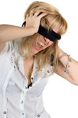 Image showing Shouting young woman blindfold. Isolated on white