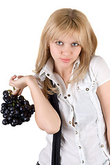 Image showing Portrait of the sexy blonde with grapes cluster. Isolated