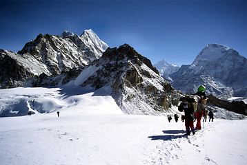 Image showing Climbers and sherpas on glacier