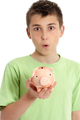 Image showing Closeup boy with money box