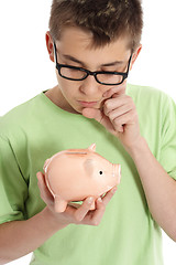 Image showing Bo thinking  with money box - savings,  finances