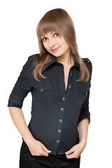 Image showing Girl in black blouse smiles