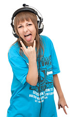 Image showing Girl in earphone shows language