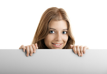 Image showing Business Woman holding a billboard