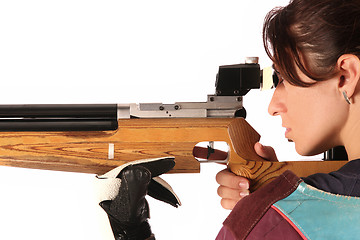 Image showing woman aiming a pneumatic air rifle