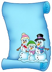 Image showing Blue parchment with snowman family