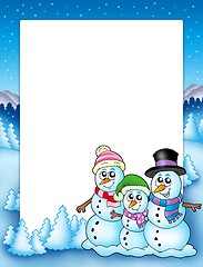Image showing Winter frame with snowman family