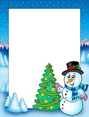 Image showing Winter frame with snowman and tree