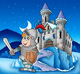 Image showing Castle and knight in winter landscape