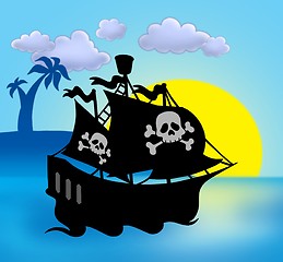 Image showing Sunset with pirate ship silhouette