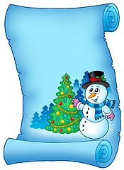 Image showing Blue parchment with snowman and tree