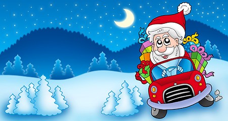 Image showing Landscape with Santa Claus driving car
