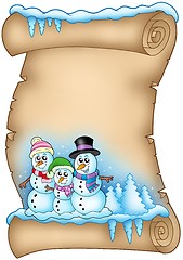 Image showing Winter parchment with snowman family