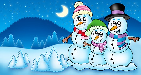 Image showing Winter landscape with snowman family