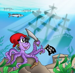 Image showing Pirate octopus near ship underwater