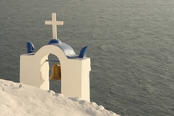 Image showing Church-tower by the sea (Santorini, Greece)