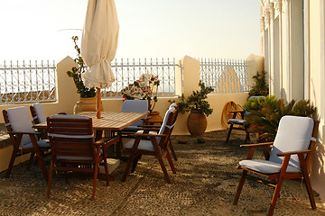 Image showing Cozy romantic balcony in a house on Greek island Santorini